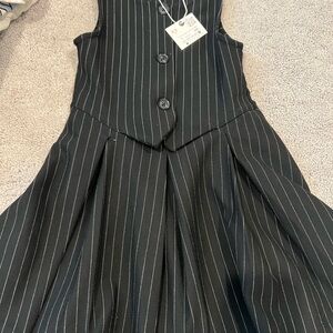 Zara Black Pinstripe Dress with Pleated Skirt